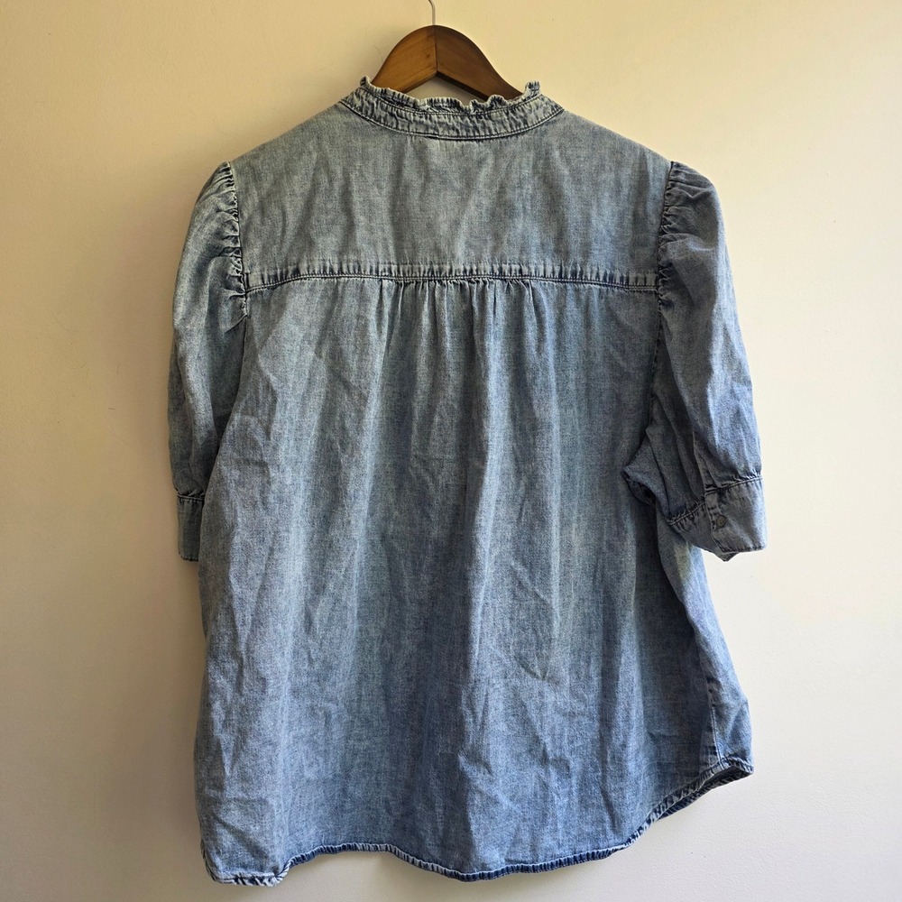 Gap Womens XXL Acid Wash Denim Ruffle Puff Sleeve Button Up Shirt Western - Picture 2 of 7